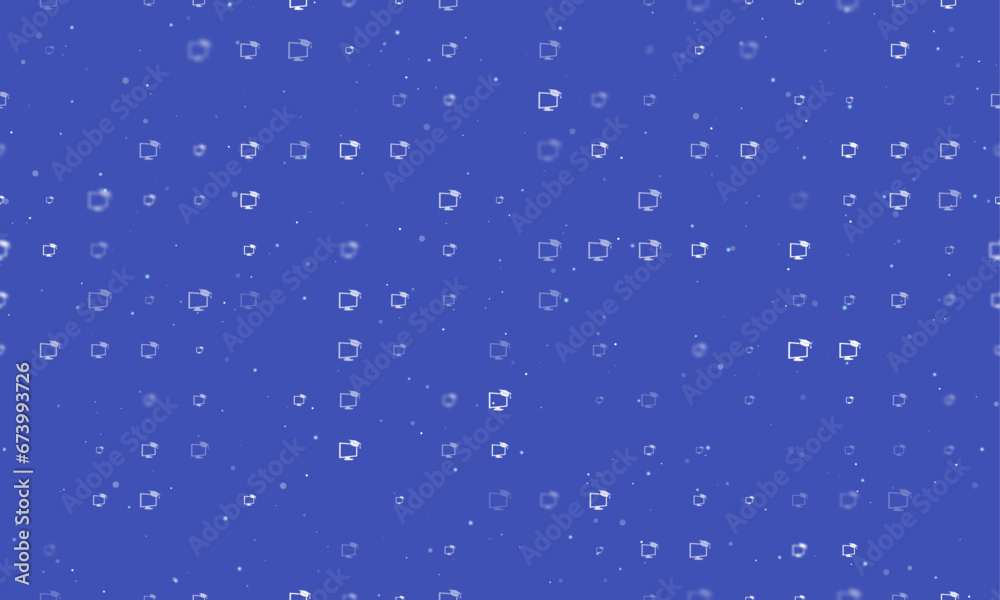 Seamless background pattern of evenly spaced white distance learning symbols of different sizes and opacity. Vector illustration on indigo background with stars