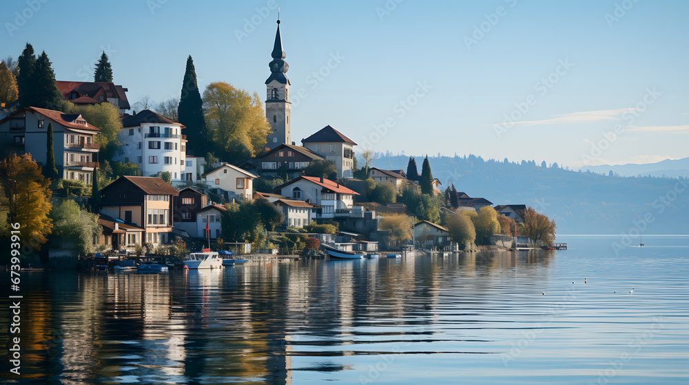 A photo of Lake Constance, with a peaceful lakeside village as the background, during a serene morning