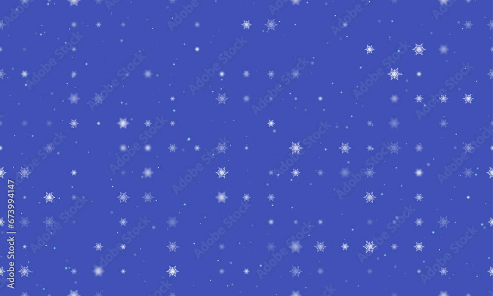 Seamless background pattern of evenly spaced white snowflakes of different sizes and opacity. Vector illustration on indigo background with stars