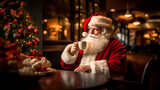 a Santa Claus relaxes in the pub decorated for the Christmas holidays drinking a coffee