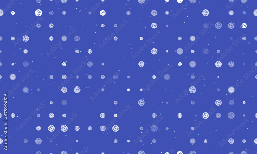 Seamless background pattern of evenly spaced white clock symbols of different sizes and opacity. Vector illustration on indigo background with stars