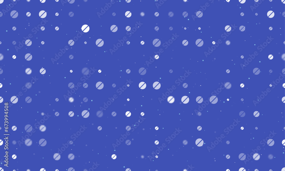 Seamless background pattern of evenly spaced white pill symbols of different sizes and opacity. Vector illustration on indigo background with stars