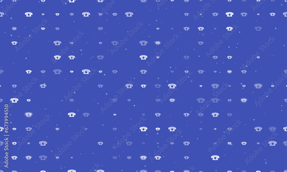 Seamless background pattern of evenly spaced white vintage telephone symbols of different sizes and opacity. Vector illustration on indigo background with stars