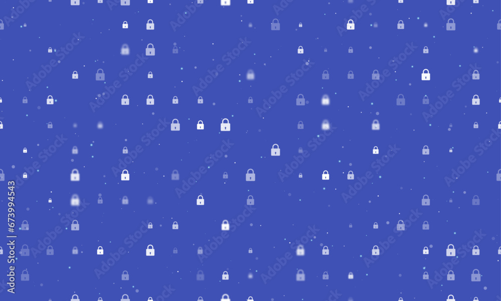 Seamless background pattern of evenly spaced white padlock symbols of different sizes and opacity. Vector illustration on indigo background with stars