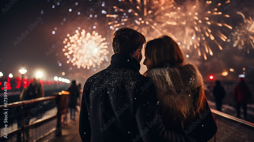 Couples enjoying fireworks on New Year. Generative AI.