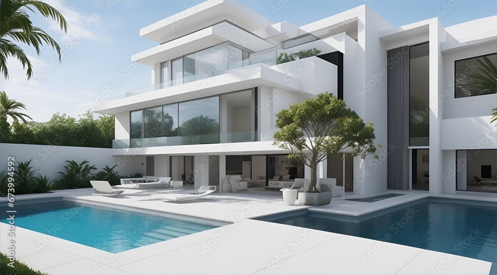 Fototapeta premium Luxury swimming pool of a modern contemporary house with beautiful architecture and cozy atmosphere.