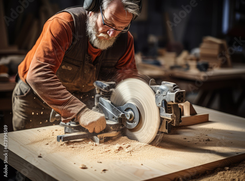 A working carpenter in a workshop using a circular saw to cut wood. The photo was taken from the side - elderly man using safety glasses and headphones. Various instruments are visible in background.