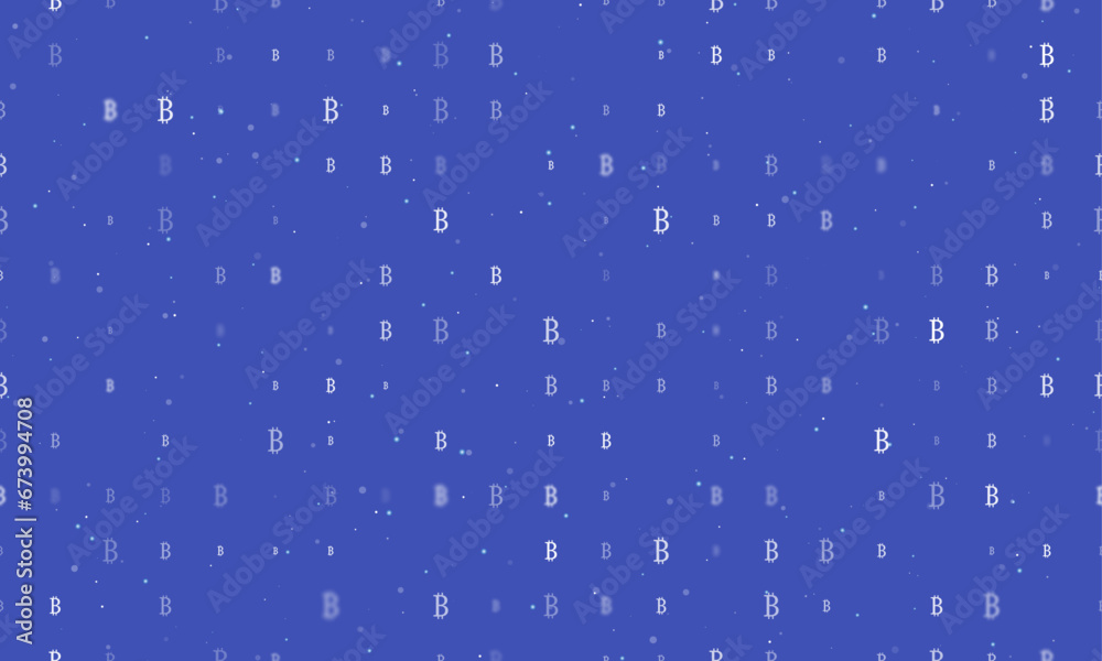Seamless background pattern of evenly spaced white bitcoin symbols of different sizes and opacity. Vector illustration on indigo background with stars