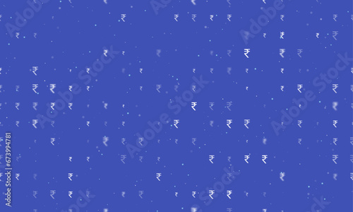 Seamless background pattern of evenly spaced white indian rupee symbols of different sizes and opacity. Vector illustration on indigo background with stars