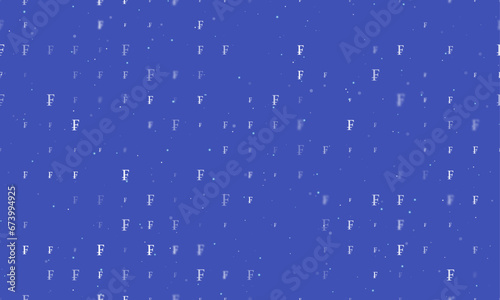 Seamless background pattern of evenly spaced white franc symbols of different sizes and opacity. Vector illustration on indigo background with stars