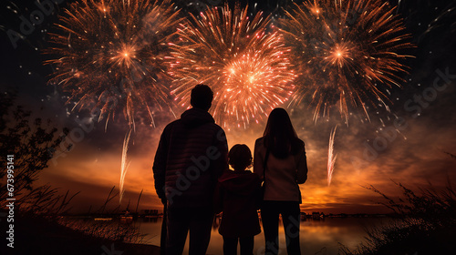Family enjoying fireworks on New Year. Generative AI.