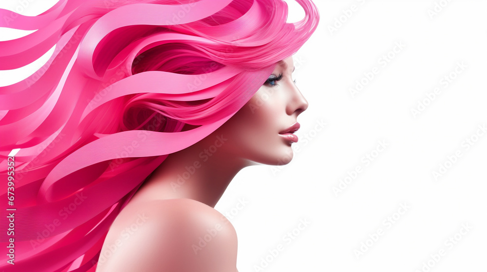woman with pink ribbon hair isolated white background, breast cancer awareness