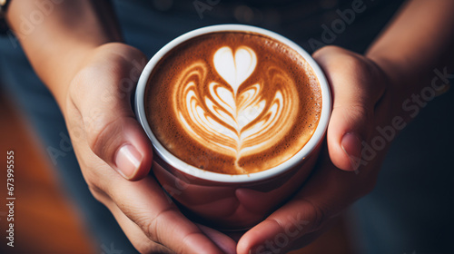 A tight shot of fingers grasping a mug of foam-adorned espresso, signifying the laidback and tranquil state of mind while in periods of meditation. photo