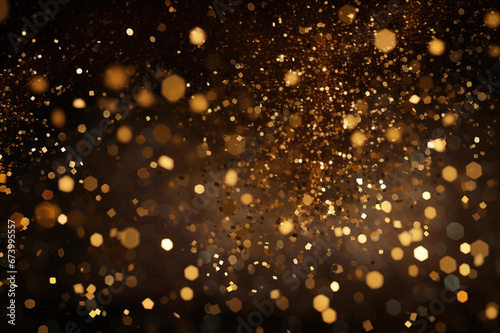 Abstract Flying Gold Dust, Confetti, Shining Particles of Glitter With Glowing Sparks of Light, Texture Effects of Falling Glittering Blurred Motion Festive Celebration on a Dark Gold Background