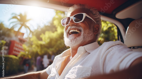 Senior man smiling, happy in his brand new car © Olga
