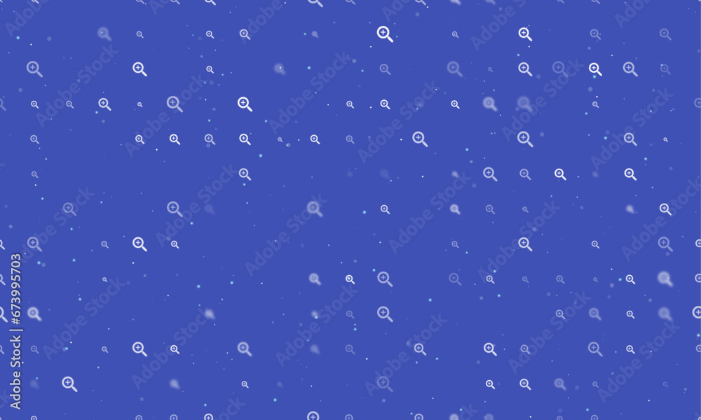 Seamless background pattern of evenly spaced white zoom in symbols of different sizes and opacity. Vector illustration on indigo background with stars Seamless background pattern of evenly spaced white zoom in symbols of different sizes and opacity. Vector illustration on indigo background with stars