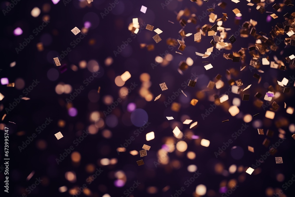 Glitter Confetti Gold Dust Falling Festive Celebration Wedding Anniversary Birthday Shining Particles Glowing Light Abstract Flying Texture Effects Glittering Blurred Motion Dark Purple Background