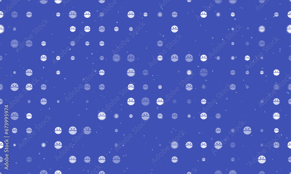 Seamless background pattern of evenly spaced white masked face symbols of different sizes and opacity. Vector illustration on indigo background with stars
