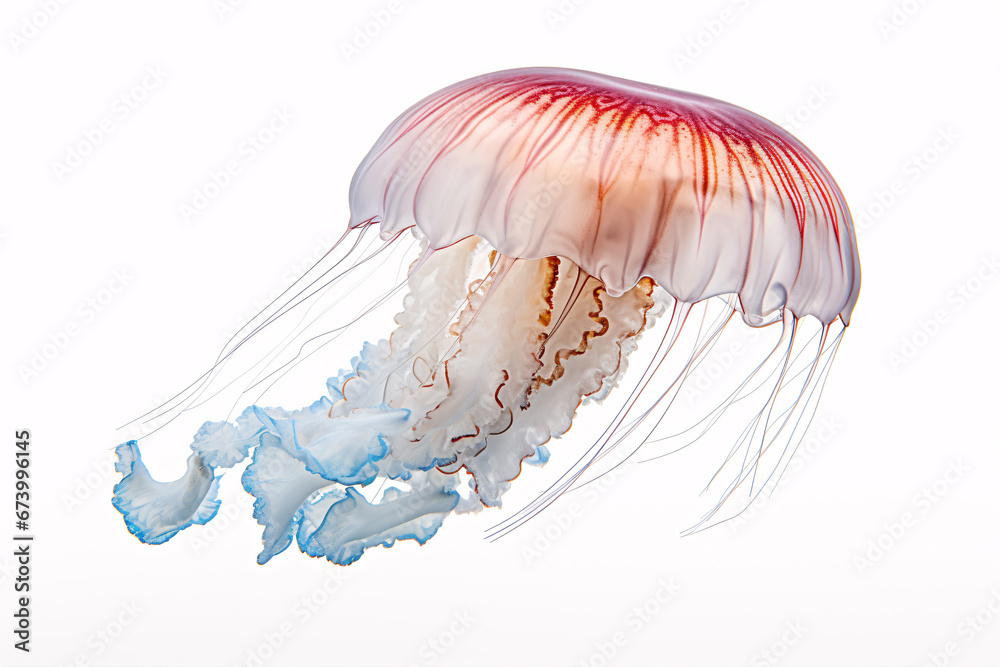 Isolated Australian Spotted Jellyfish drift on a white canvas.