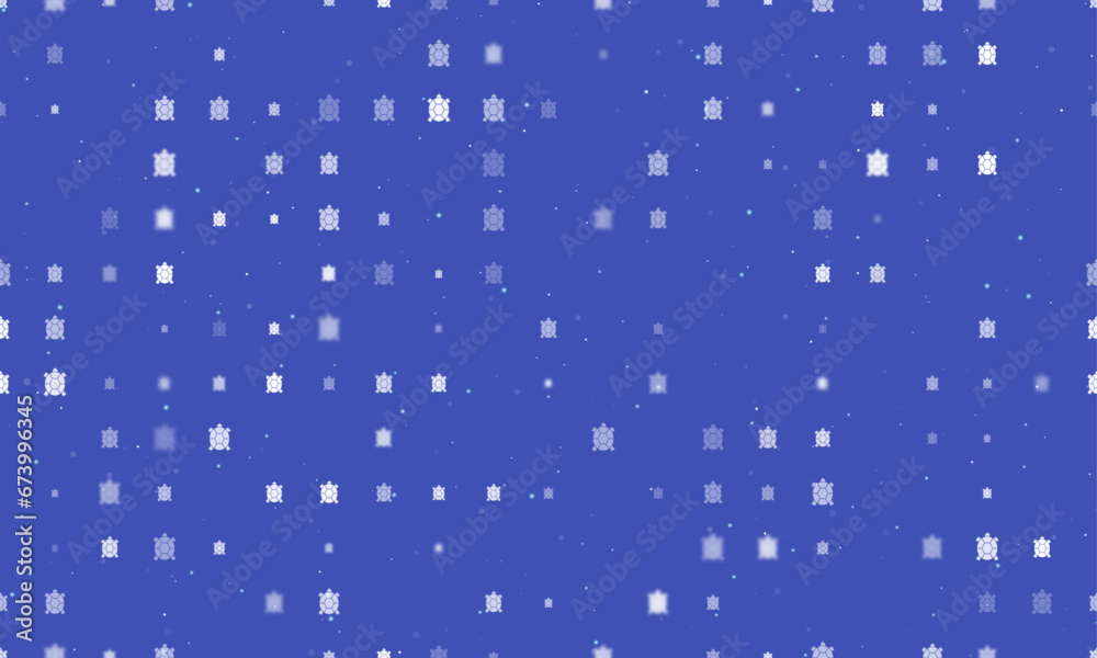 Seamless background pattern of evenly spaced white turtle symbols of different sizes and opacity. Vector illustration on indigo background with stars