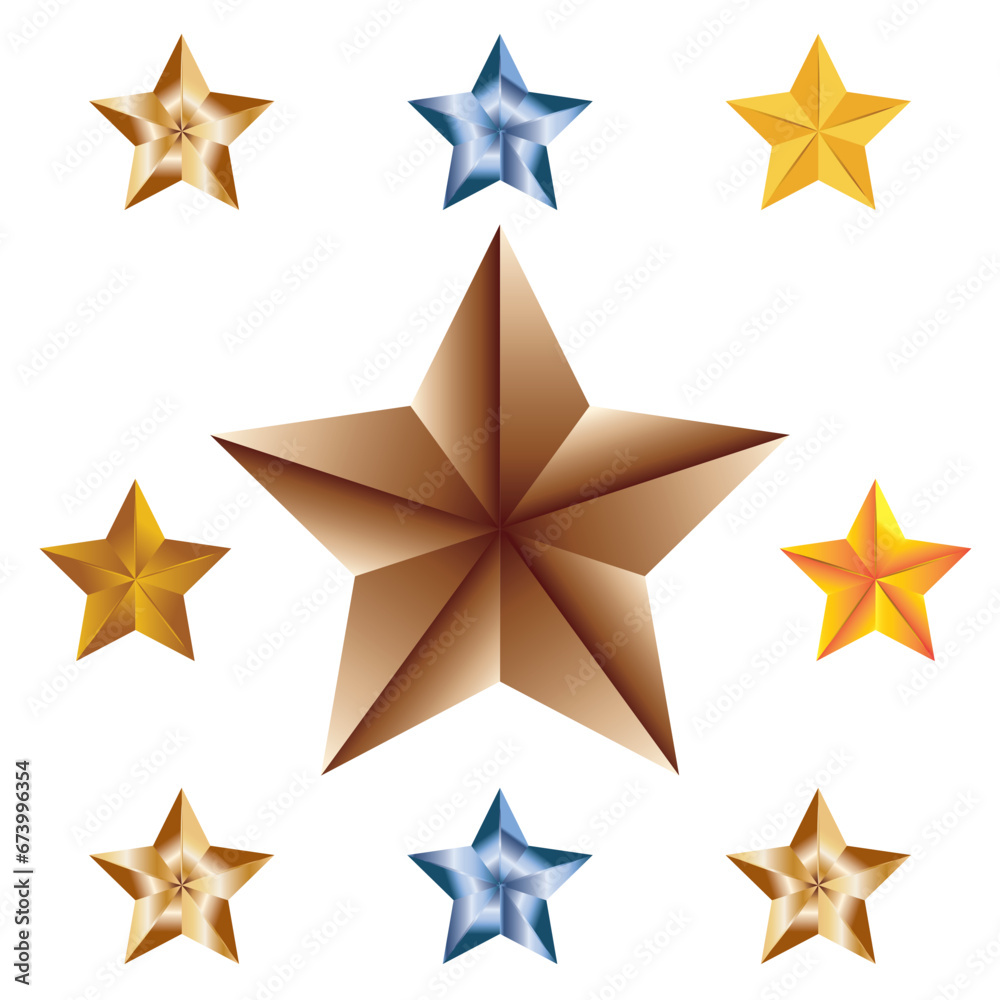 Collection of golden stars. 3D golden stars. Golden star isolated on white background with clipping path. vector art and illustration. Collection of golden stars. 3D golden stars. Golden star isolated on white background with clipping path. vector art and illustration.