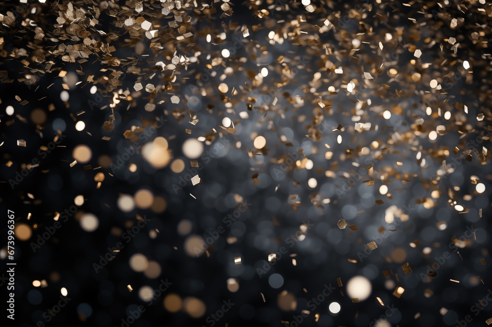 Glitter Confetti Gold Dust Falling Festive Celebration Wedding Anniversary Birthday Shining Particles Glowing Light Abstract Flying Texture Effects Glittering Blurred Motion Dark Silver Background
