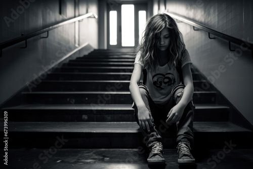 Teenage depression. Sad lonely girl sitting on stairs. Generative AI