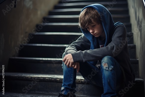Teenage depression. Sad lonely teenager boy sitting on stairs.