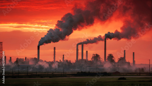 Industrial landscape with smoking chimneys in the setting sun on a field. Carbon emissions issues.