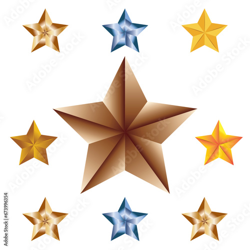 Collection of golden stars. 3D golden stars. Golden star isolated on white background with clipping path. vector art and illustration. 