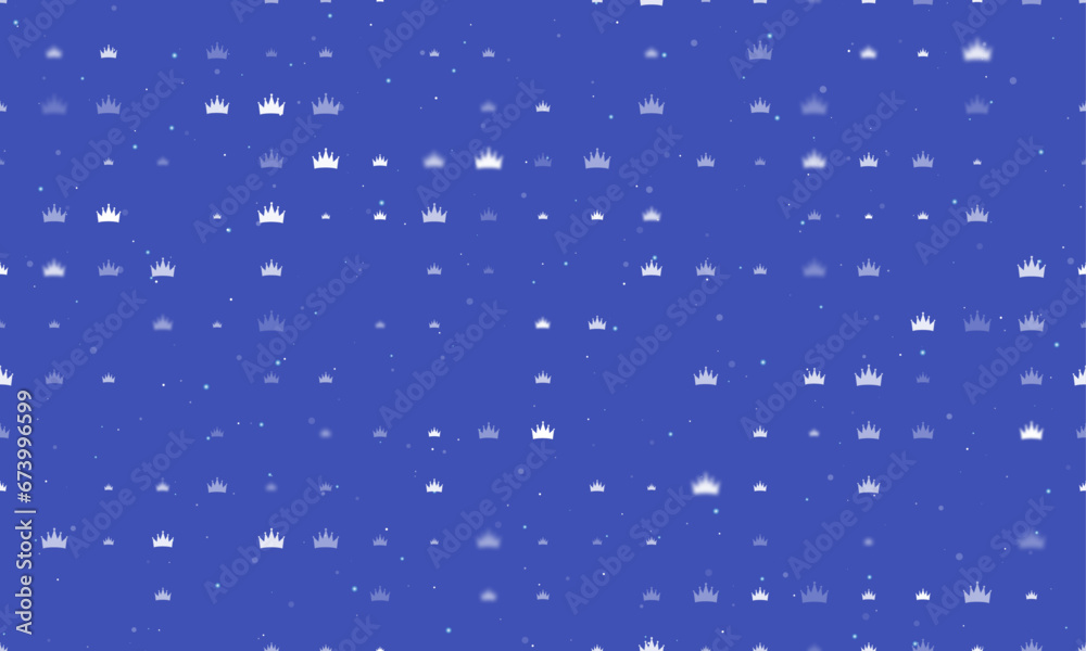 Seamless background pattern of evenly spaced white crown symbols of different sizes and opacity. Vector illustration on indigo background with stars