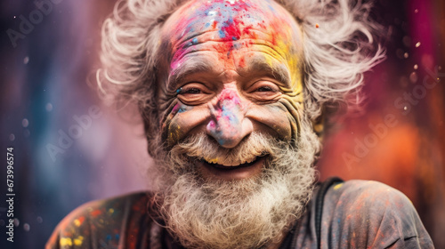Senior man fully covered with paint holi, traditional Indian holyday