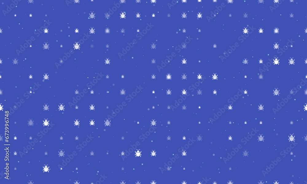 Seamless background pattern of evenly spaced white bug symbols of different sizes and opacity. Vector illustration on indigo background with stars