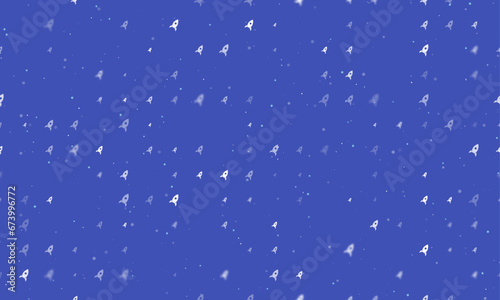 Seamless background pattern of evenly spaced white rocket symbols of different sizes and opacity. Vector illustration on indigo background with stars