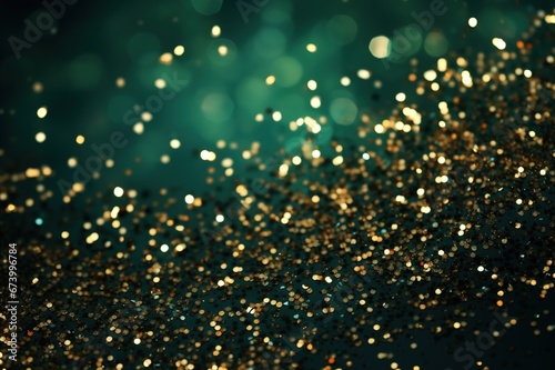 Glitter Confetti Gold Dust Falling Festive Celebration Wedding Anniversary Birthday Shining Particles Glowing Light Abstract Flying Texture Effects Glittering Blurred Motion Dark Green Background