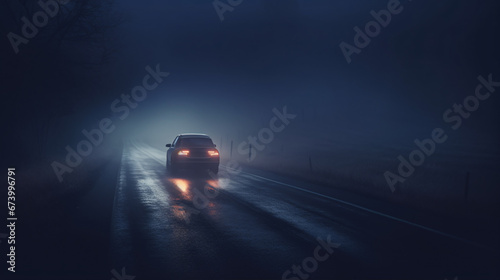 A car braving the perils of nighttime fog on the road..