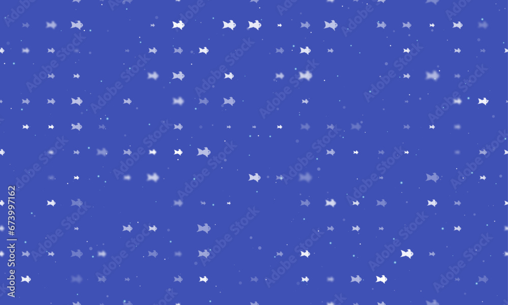 Seamless background pattern of evenly spaced white gold fish symbols of different sizes and opacity. Vector illustration on indigo background with stars