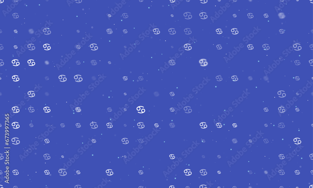 Seamless background pattern of evenly spaced white cancer zodiac symbols of different sizes and opacity. Vector illustration on indigo background with stars