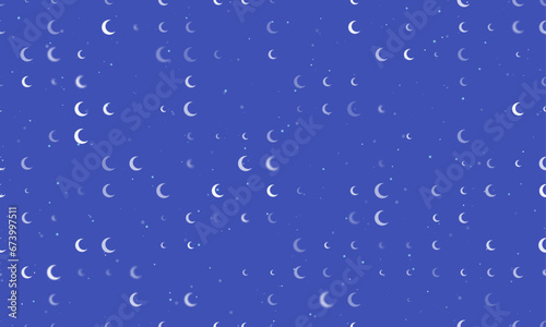 Seamless background pattern of evenly spaced white moon symbols of different sizes and opacity. Vector illustration on indigo background with stars