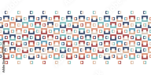 Colourful seamless vector pattern with simple geometric tiles in blue, red and orange. Modern playful background for fashion, interior design and wallpaper.