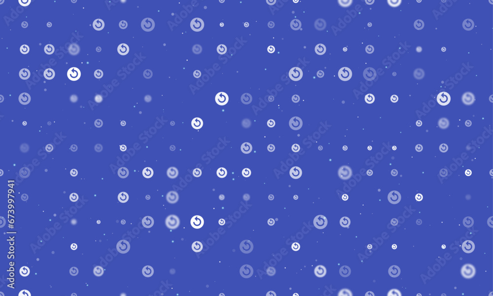 Seamless background pattern of evenly spaced white replay media symbols of different sizes and opacity. Vector illustration on indigo background with stars