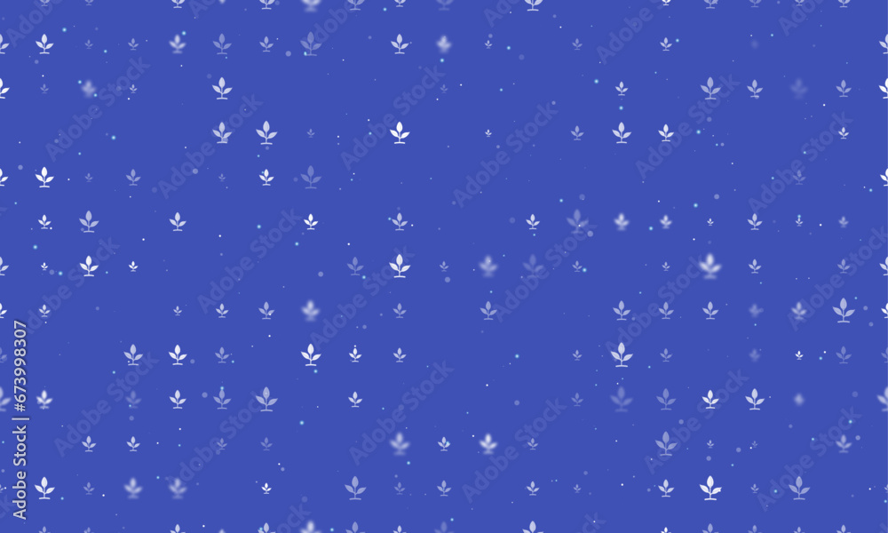 Seamless background pattern of evenly spaced white sprout symbols of different sizes and opacity. Vector illustration on indigo background with stars