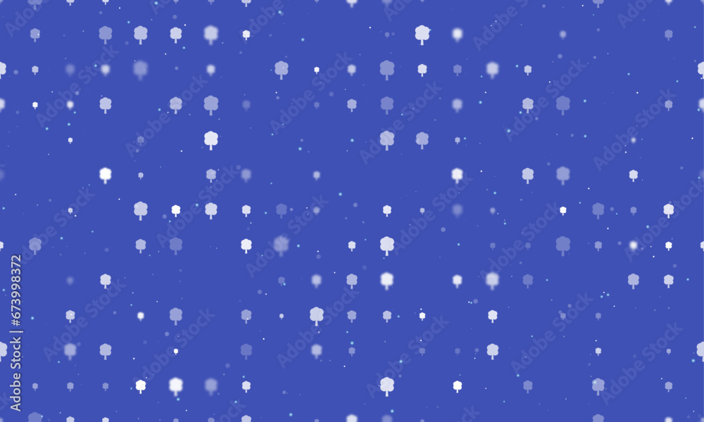 Seamless background pattern of evenly spaced white tree symbols of different sizes and opacity. Vector illustration on indigo background with stars Seamless background pattern of evenly spaced white tree symbols of different sizes and opacity. Vector illustration on indigo background with stars