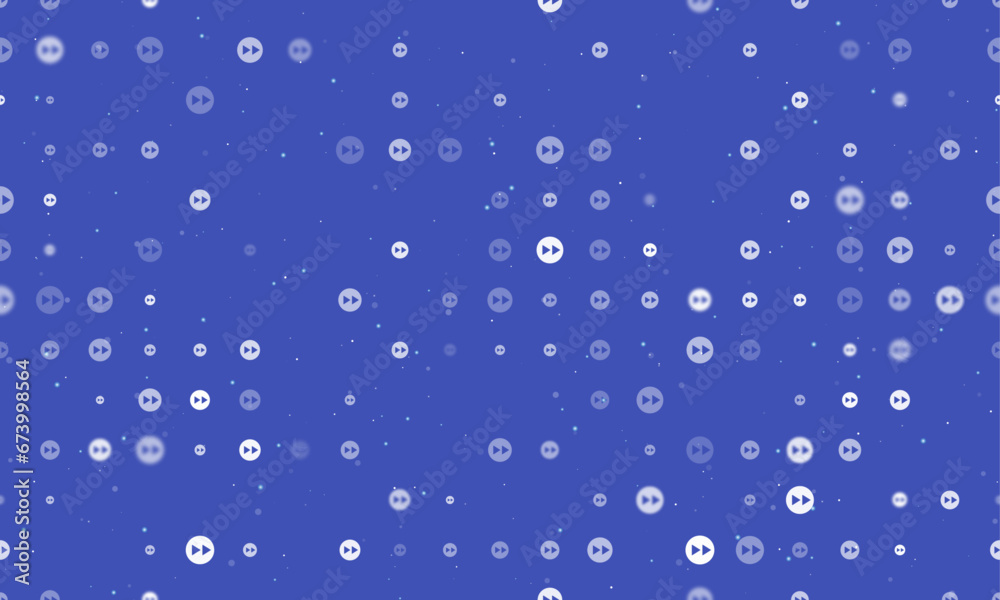 Seamless background pattern of evenly spaced white fast forward symbols of different sizes and opacity. Vector illustration on indigo background with stars