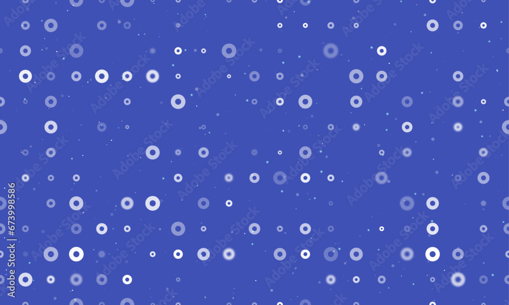 Seamless background pattern of evenly spaced white record media symbols of different sizes and opacity. Vector illustration on indigo background with stars