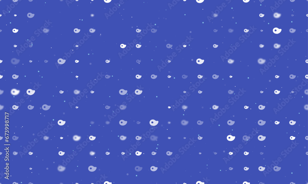 Seamless background pattern of evenly spaced white steak symbols of different sizes and opacity. Vector illustration on indigo background with stars