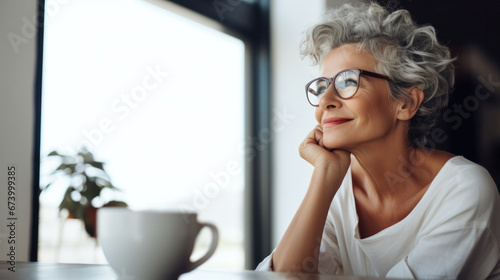 Senior woman holding a cup of coffee in the kitchen.