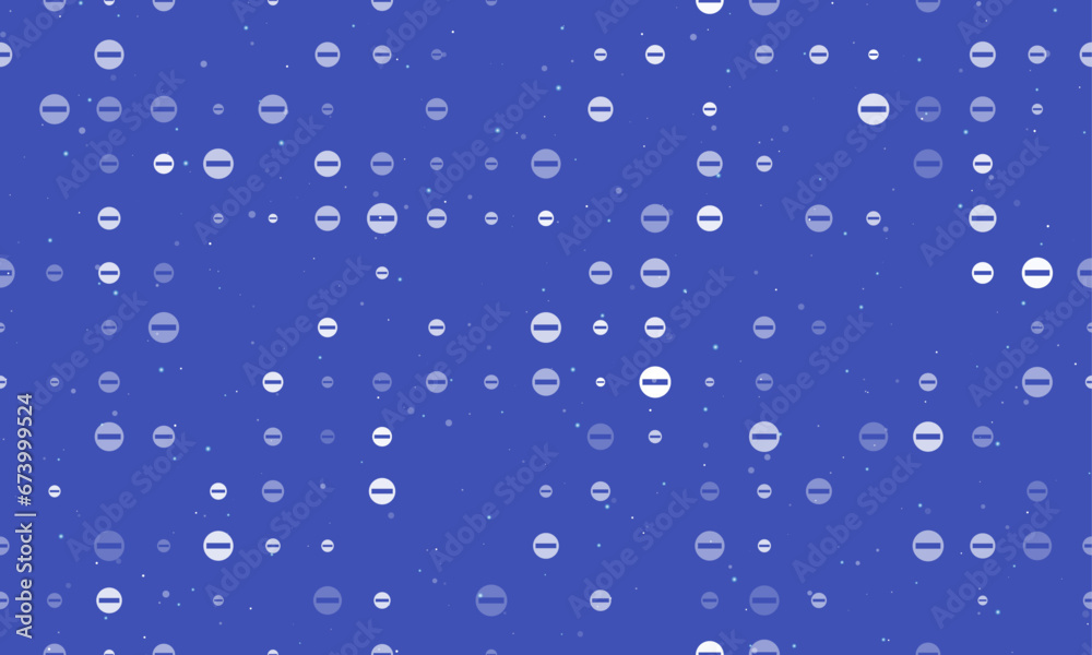 Seamless background pattern of evenly spaced white no entry road signs of different sizes and opacity. Vector illustration on indigo background with stars