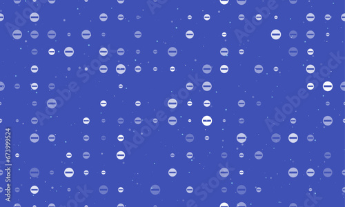 Seamless background pattern of evenly spaced white no entry road signs of different sizes and opacity. Vector illustration on indigo background with stars
