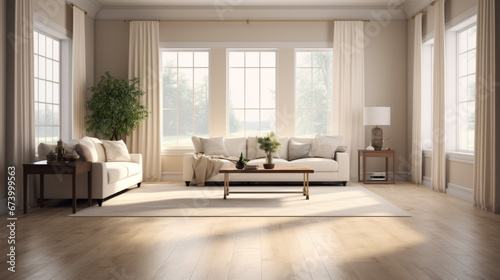 a warm and inviting family room with beige walls and a hardwood floor and two large windows draped in light ivory curtains